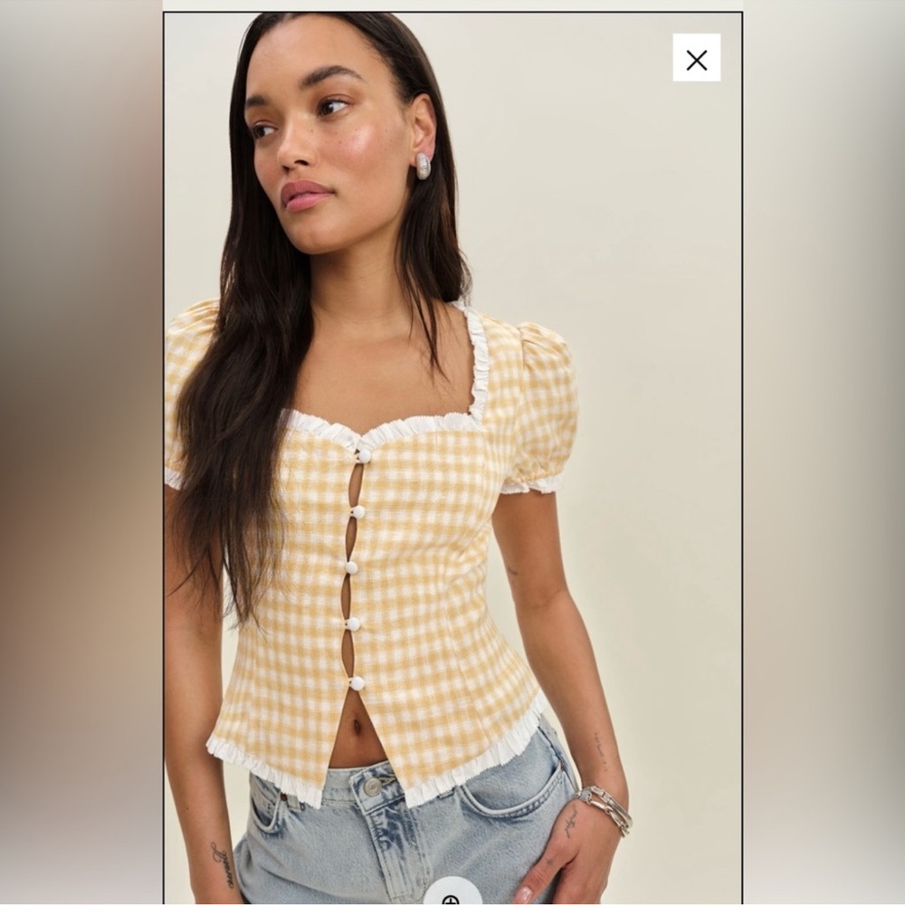 Reformation Yellow Checkered Puff Sleeve Blouse